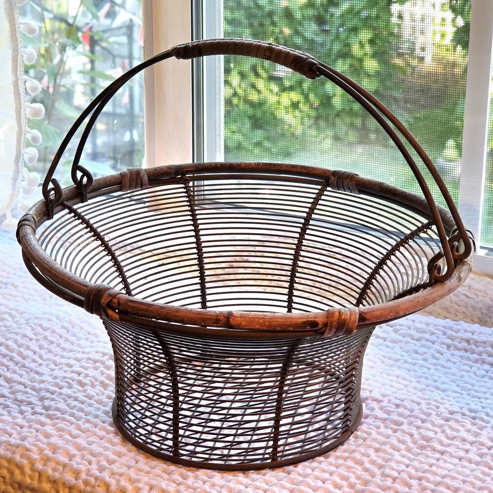 Antique French Wire Work Basket Hand Crafted Regional Folk Art Market Fil De Fer